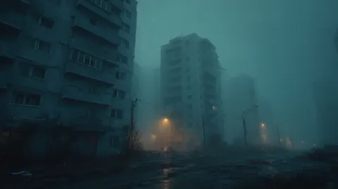 Cinematic realistic dystopian russina city, cold with fog, add broken builidings and no lights
