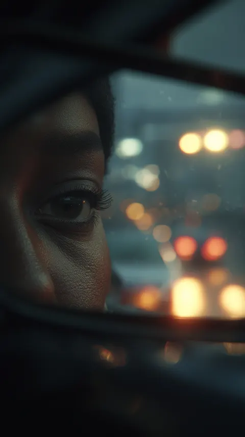 Close-up of melanated eyes in rearview mirror, calm and battle-tested, city glow behind