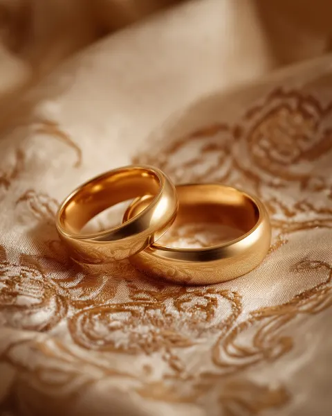 Close-up of two plain, highly polished luxurious yellow gold wedding bands