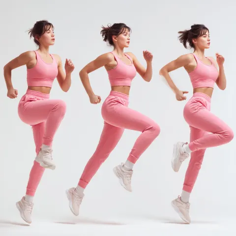 Confident young woman in pink sportswear, running, dynamic poses, strong movement