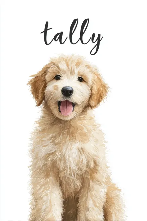 Cute, happy golden doodle puppy portrait with the word "tally" written in cursive on a white backgro