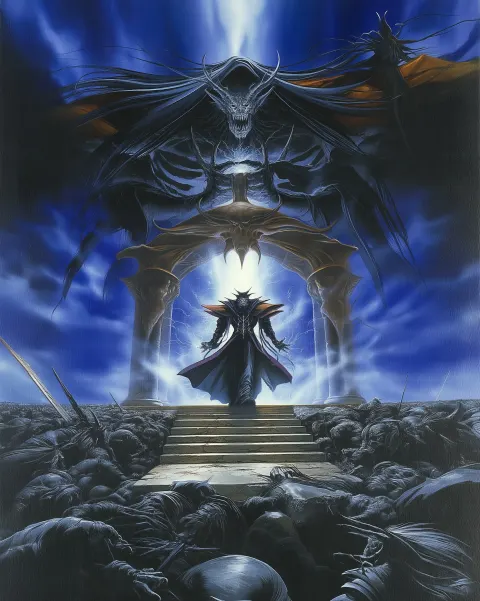Dark ritual, warp energies saturate the air. In oil painting 80s anime dark fantasy style