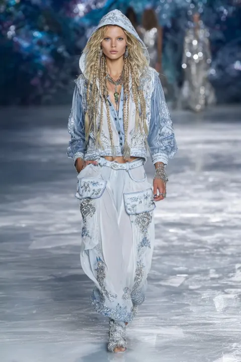 Fashion runway spectacle, A full-length fashion runway shot of a tan blonde model with huge hair and