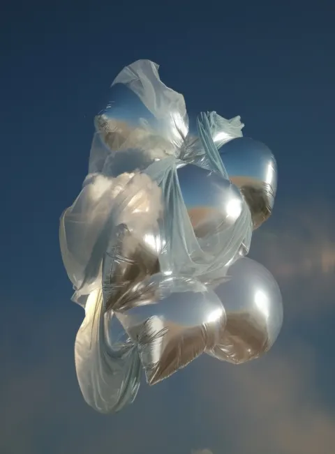 Floating surreal sculpture, with White clouds drifting through and piercing the structure