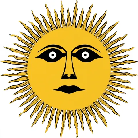 Folk art sun with a creepy human face, large staring eyes, thin black mouth, yellowish sun rays
