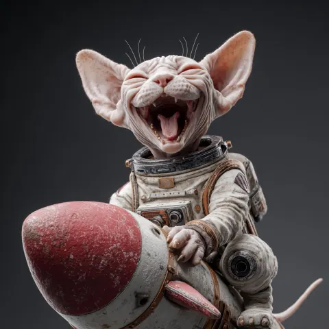 Funny and cute sphynx astronaut laughing, riding a rocket, whole body, ultra realistic