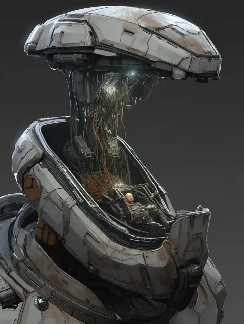 Giant biomechanical robot head in a docking moment, showing the lower jaw, exposed neck