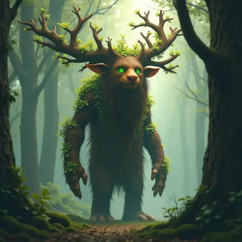 Crowned Wooden Giant With Glowing Green Eyes