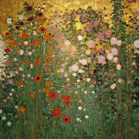 Gustav klimt's painting depicting a garden of flowers, including roses and poppies in full bloom