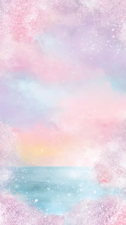 Hand-painted acrylic style. Soft pastel colors. The ocean and cherry blossoms. A sparkling ocean.