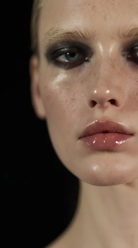 High fashion editorial portrait of a woman, close-up shot, symmetrical face