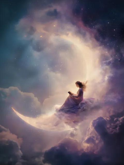 Image of a girl made of stardust sitting on a crescent moon, writing in a glowing diary