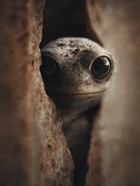 In the middle of aforest baby monster and huge eyes hiding, slimy, organic, horror, gothic