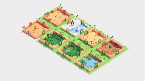 Isometric zoo map scene, top-down isometric view, 7 distinct animal zones arranged like a theme park