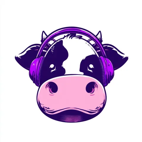 Kawaii head of a cow wearing purple headphones, cartoon, comic style, vector art, white background