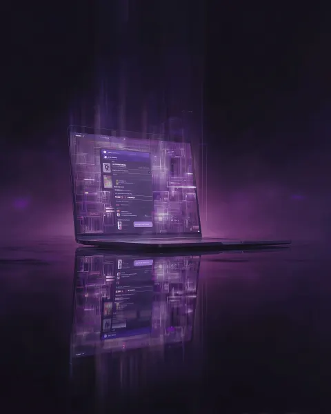 Laptop with linkedin feed on screen, sci-fi atmosphere, purple and dark gray colors