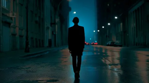 Man walking alone at night from behind, dark city street, street lights, wet ground reflections