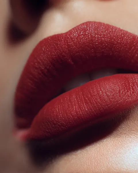 Matte red lips extreme close-up, perfect lip texture, velvety matte finish, clean beauty shot