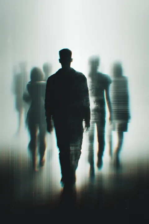 Minimalist dystopian poster, front view of single human silhouette walking forward
