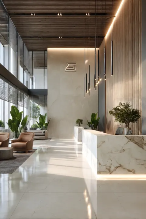 Modern contemporary real estate marketing office reception, double-height ceiling