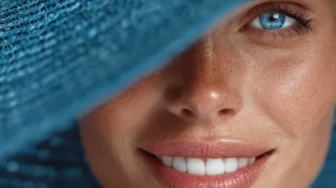 One the leftside of the canvas, closeup of the teeth of a tanned woman with perfect teeth implants