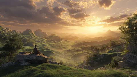 Peaceful valley at sunrise, soft golden light over rolling hills