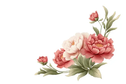 Peony flower corner decoration, watercolor style, white background, clip art, vintage look