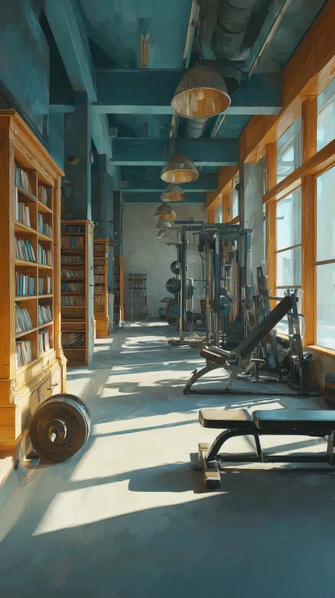 Photo Realism. A gym with weights and machines but also bookshelves on the walls. Sunshine.