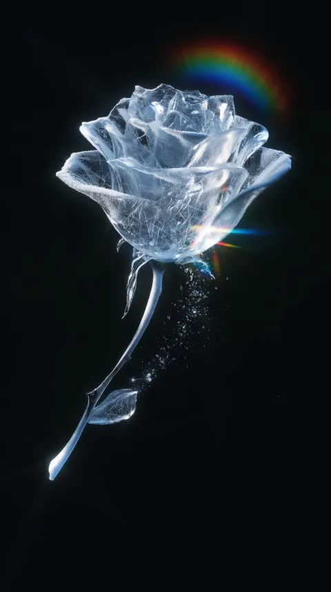 Photorealistic, close up shot, a single ice rose floating in the pure dark void background