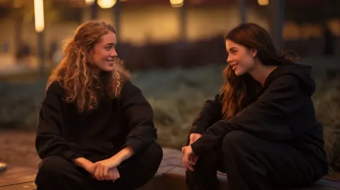 Photorealistic, two young women having a casual conversation outdoors, cozy lighting