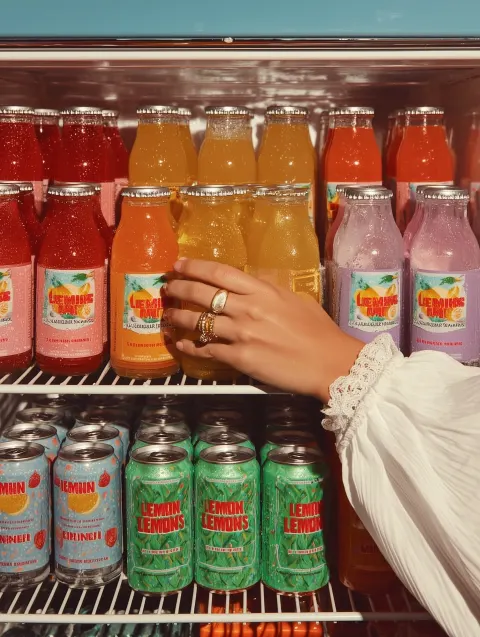 POV from inside a refrigerator, shelves filled with colorful lemonade bottles and drinks