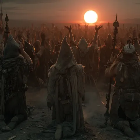 Reverse angle of a ritual crowd scene, viewed from behind and slightly above the gathered people