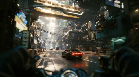 Riding motorcycle pov, cyberpunk city in daytime, little wet on the road, car passing by