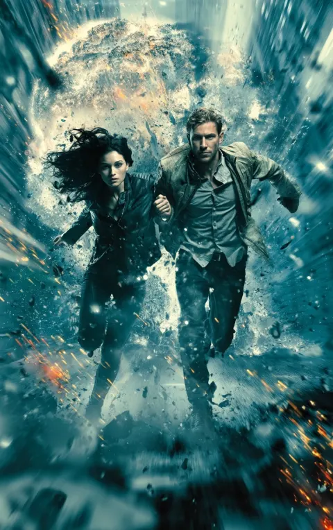 Romantic suspense couple running toward viewer, man slightly ahead pulling woman with him