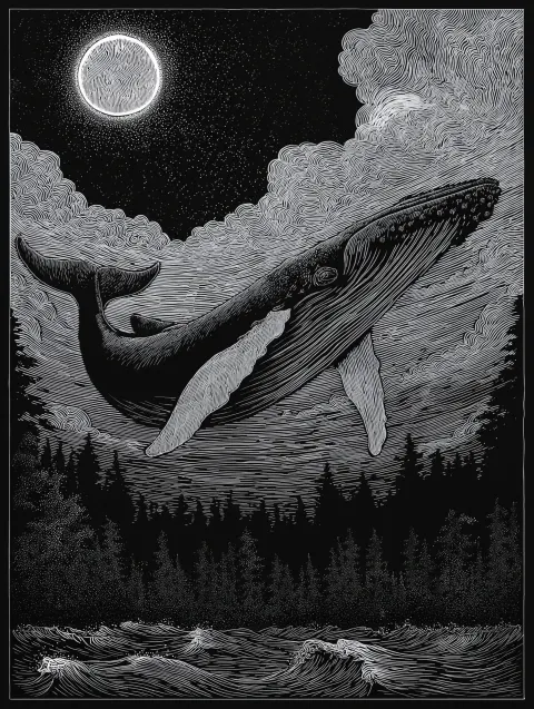 Rough black & white linocut of a humpback whale floating majestically thru the sky with a dark fores