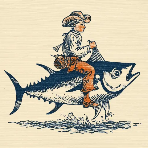 Cowboy calmly riding a tuna fish