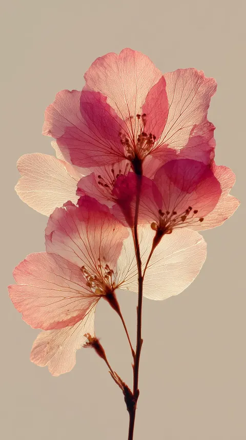 Pressed sakura petals, slightly flattened, one flower, a lot of negative space, backlit surface