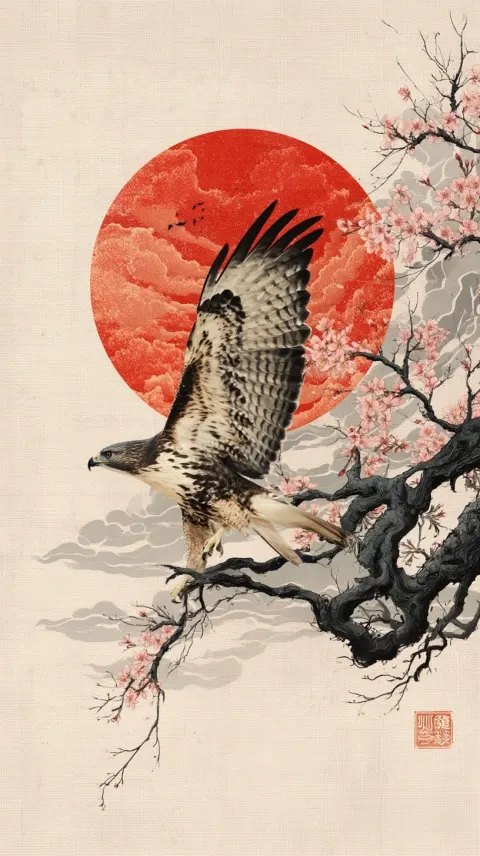 Abstract minimalist Japanese style, hawk and cherry blossom
