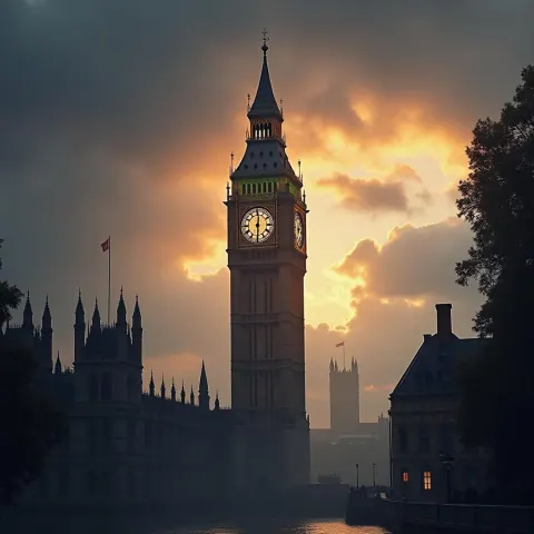 Towering Clock Spire Against a Stormy Twilight