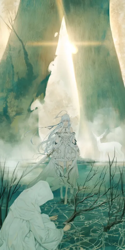 Silver-Haired Swordswoman and Hermit in a Misty Forest