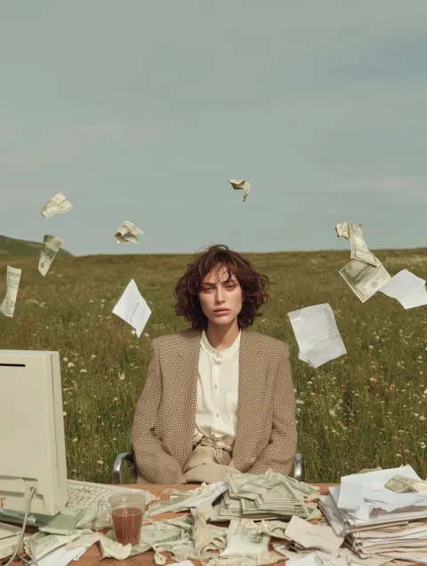 Surreal fashion editorial scene, a woman sitting at an office desk in the middle of a wide green fie