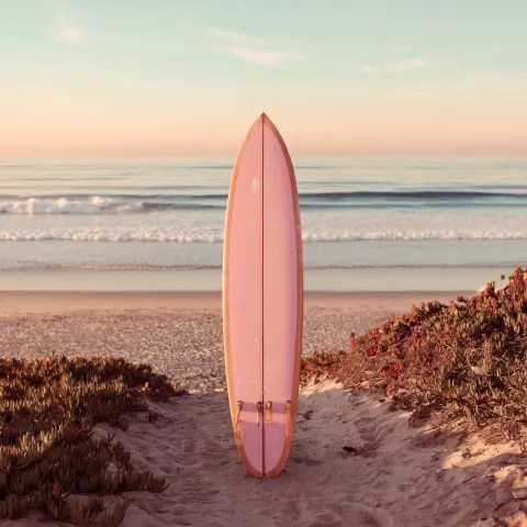 Surf board on california beach with pink teint, warm ambiance
