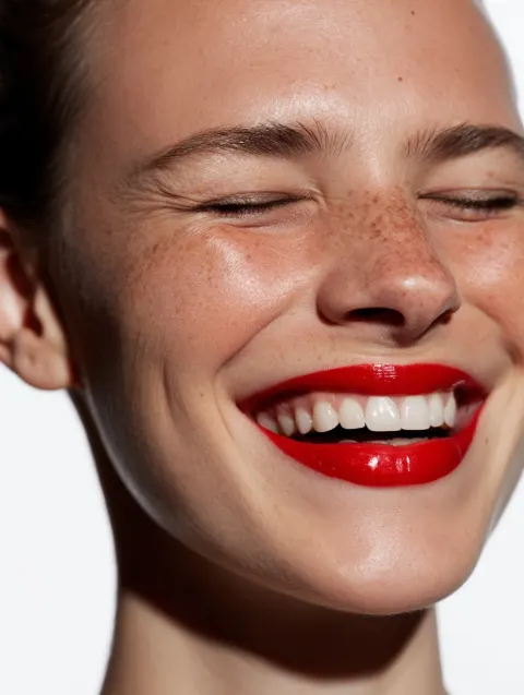 The image shows a close-up portrait of a smiling woman. She has sharp bone structure