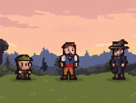 Three characters, simple pixel art style, reminiscent of 1980s-1990s video game designs