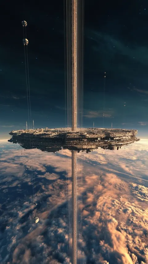 Ultra-realistic photographic high definition colossal space elevator anchored to a city-sized orbita