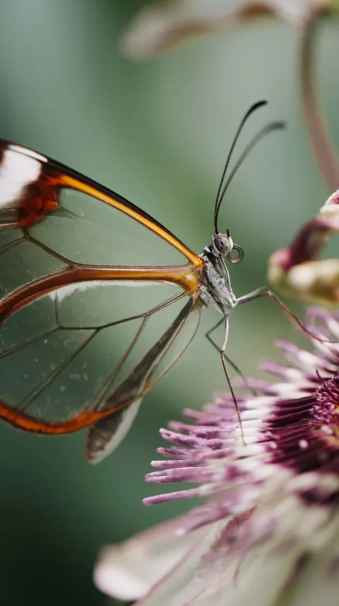 Translucent glasswing butterfly perched on a passion flower, Passiflora