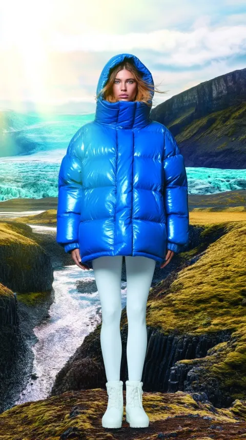 Ultra-realistic fashion shot of a confident blonde standing in a vibrant Icelandic landscape of moss
