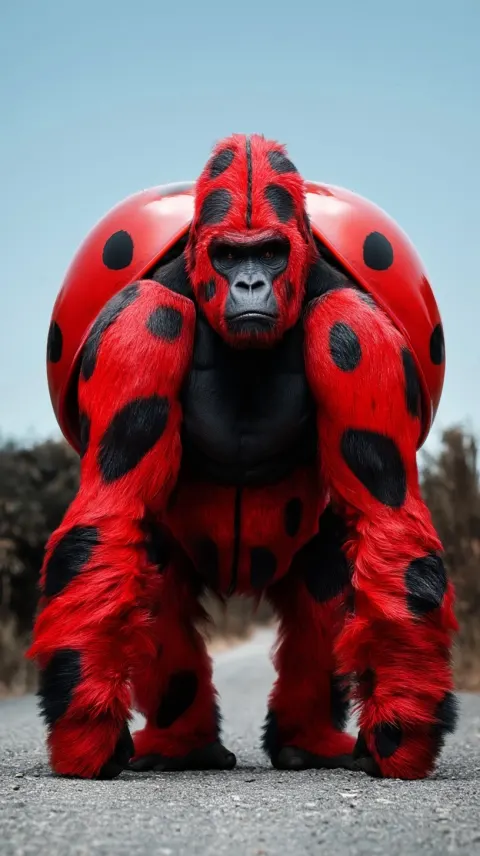 Ultra realistic hybrid creature, gorilla and ladybug fusion