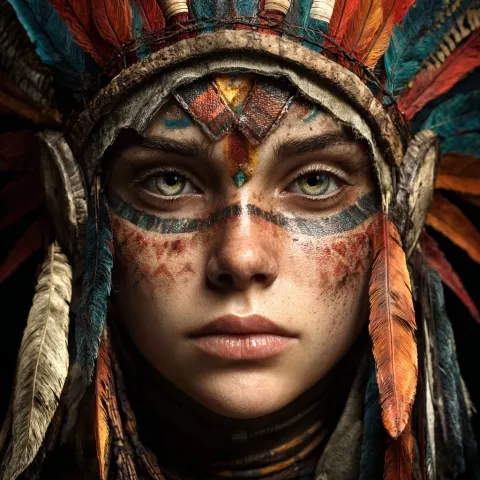 Ultra-realistic frontal portrait of a beautiful young Aztec indigenous woman in a trance