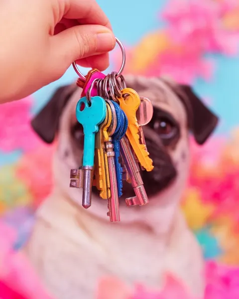 Photography of a pug holding a key ring in its one paw. The center of the image are the keyring and